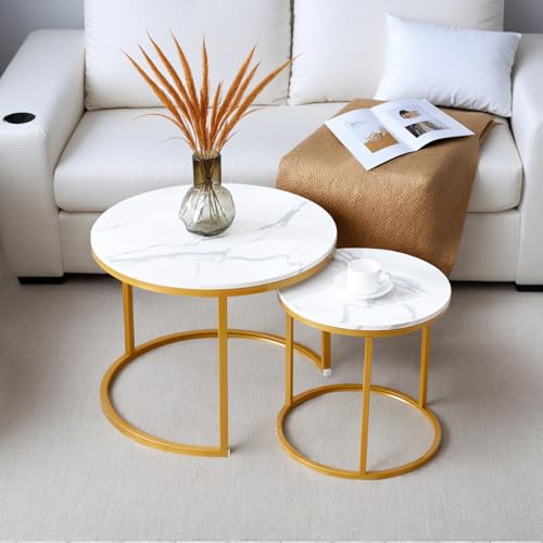 Nesting Couchtisch 2er-Set, runde Couchtische für Wohnzimmer mit weißer Marmor-Tischplatte, goldenem Metallrahmen und rutschfesten Füßen, moderne runde Holztische, Beistelltische für Schlafzimmer Nesting Couchtisch 2er-Set, runde Couchtische für Wohnzimmer mit weißer Marmor-Tischplatte, goldenem Metallrahmen und rutschfesten Füßen, moderne runde Holztische, Beistelltische für Schlafzimmer von HANXIN