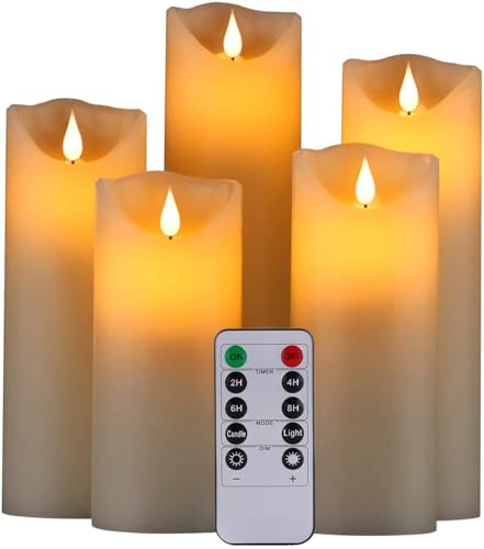 Hanzim LED Kerzen,Flammenlose Kerzen 250 Stunden Dekorations-Kerzen-Säulen im 5er Set.Realistisch flackernde LED-Flammen 10-Tasten Fernbedienung mit 24 Stunden Timer-Funktion (Ivory) von Hanzim