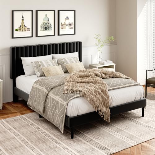 HAOARA Bettrahmen in voller Größe mit samt gepolstertem Kopfteil, Plattformbett mit starken Holzleisten, Boxspring optional, einfache Montage, Schwarz von HAOARA