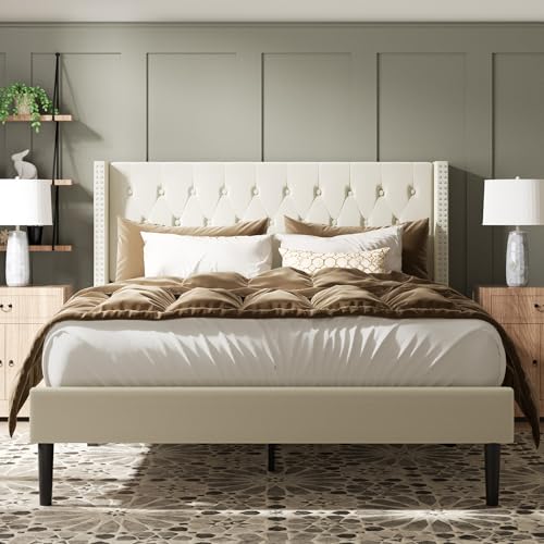 HAOARA Plattform-Bettrahmen in voller Größe mit geknöpftem Kopfteil, moderner Flügelrücken mit zweireihigem Nagelkopfbesatz, kein Boxspringbett erforderlich, einfache Montage, Beige-Samt von HAOARA