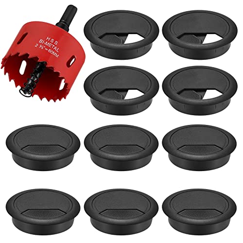 10 Stück Schreibtisch Kabeldurchführung Tisch 60mm, Kabeldurchlass Schreibtisch Kabeltüllen, Rund Kabellochabdeckungen für Büro Tisch Arbeitsplatten Kabelführung, mit Lochsäge(Schwarz) von HAOCHEN