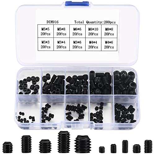 200 Stück M3 M4 M5 M6 M8 Gewindestifte, Sechskantkopf, Imbusschlüssel set, Hex Grub Kopf Maschinenschraube Schraube, Edelstahl Schrauben Set (schwarz 200 Flachkopf) von HAOCHEN