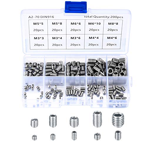 HAOCHEN 200 Stück M3 M4 M5 M6 M8 Gewindestifte, Sechskantkopf, Imbusschlüssel set, Hex Grub Kopf Maschinenschraube Schraube, Edelstahl Schrauben Set von HAOCHEN