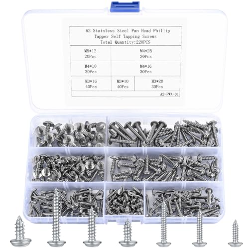 220 Stück Selbstschneidende Schrauben, Kreuzschlitz Holzschrauben mit Unterlegscheiben, Edelstahl Selbstbohrende Befestigungselemente Tellerkopfschrauben für Reparaturen, Holzbearbeitung - M3/M4/M5 von HAOCHEN