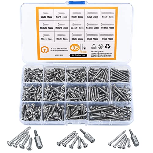 HAOCHEN 405 Stück Rundkopfschrauben Set, M3/M3.5/M4, Torx Holzbauschrauben, Edelstahl Blechschrauben, Flachkopfschrauben, selbstschneidende Schraube Sortiment Kit, mit 3 Stück Bits von HAOCHEN