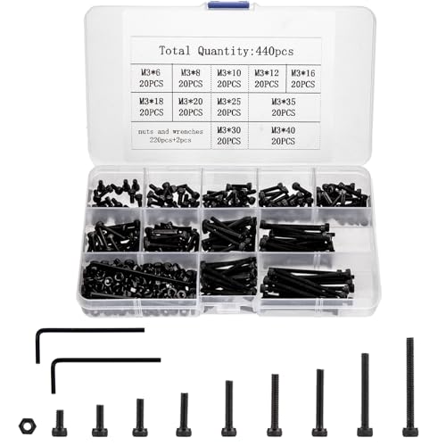 440 Stück M3 Schraubensatz, Schwarz Sechskantschrauben mit Muttern und Unterlegscheiben, Schrauben Muttern und Unterlegscheiben Sortiment, Sechskantschrauben-Satz mit 2 Stück Schraubenschlüsseln von HAOCHEN