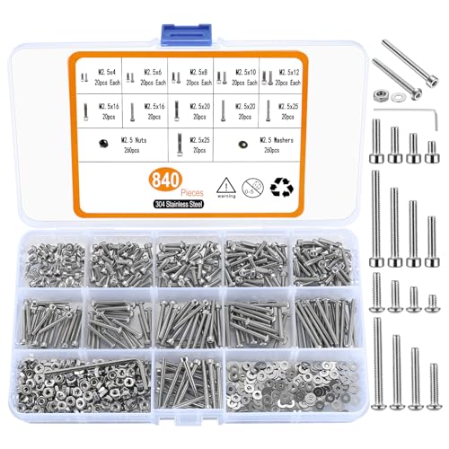 M2,5 Schrauben Set, 840 Sechskantschrauben mit Linsenkopfschraube, Zylinderschrauben Muttern und Unterlegscheiben Sortiment Kit, Gewindeschrauben Zylinderkopfschrauben, Edelstahl Schrauben Set von HAOCHEN