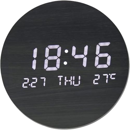 HAODING Runde Wanduhr Mit Temperaturanzeige & Digitaler Kalender, Wanduhren Modern Wohnzimmer, Kleine Holz Led Uhr Digital Küchenuhren Intelligent Funk Lautlos Tischuhren Beleuchtet 7.56 Zoll von HAODING
