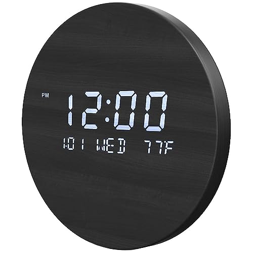 Runde Wanduhr Mit Temperaturanzeige & Digitaler Kalender - Wanduhren Modern Wohnzimmer - 7.56 Zoll Kleine Holz Led Uhr Digital Küchenuhren Intelligent Funk Lautlos Tischuhren Beleuchtet - Schwarz von HAODING