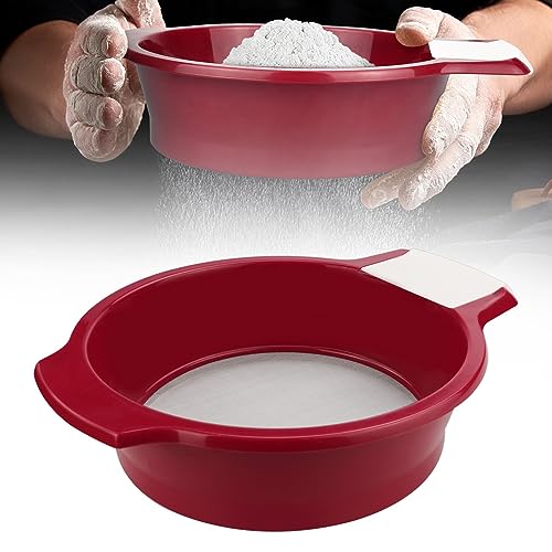 HAOMEEDUO Mehlsieb Edelstahl Mehl Puderzuckersieb 21cm Backsieb Fein Edelstahlsieb Feinmaschig Haushaltssieb mit Griffe Küchensiebe Rot Schüttelsieb mit Schaber für Backpulver Salz Kakaopulver Tee von HAOMEEDUO