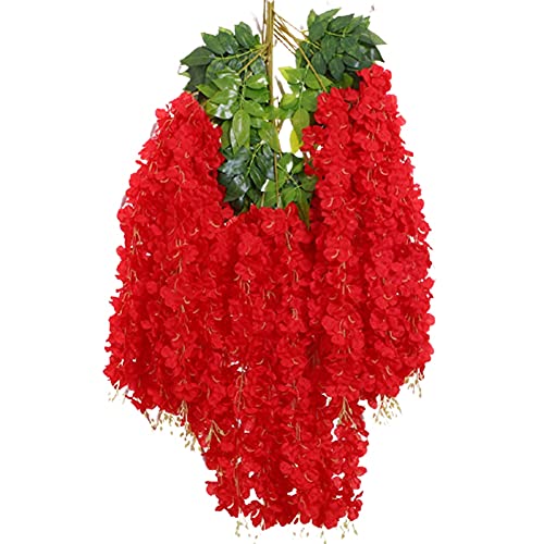 HAOSHICS 12 künstliche Glyzinien-Hängeblumen, künstliche Glyzinien-Ranken, Seidenblumen, künstliche Glyzinien-Schnur für den Außenbereich, Bogen, Hochzeit, Party, Zuhause, Garten, Dekoration (rot) von HAOSHICS