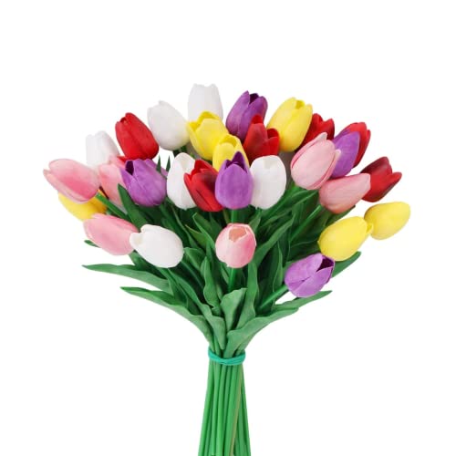 HAOSHICS 30 künstliche Tulpen aus Latex – fühlen sich echt an, bunt, für Ostern, Frühling, Hochzeit, Blumenarrangement, Hochzeit, Tischdekoration (mehrfarbig) von HAOSHICS