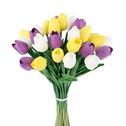 HAOSHICS 30 künstliche Tulpen aus Latex – fühlen sich echt an, bunt, für Ostern, Frühling, Hochzeit, Blumenarrangement, Hochzeit, Tischdekoration (weiß, gelb, lila) von HAOSHICS