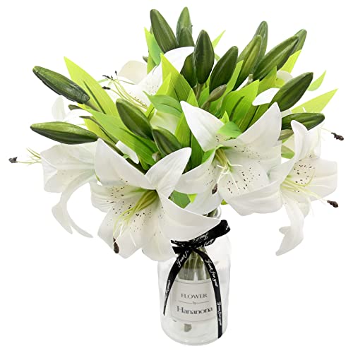 Künstliche Blumen 8 Stück künstliche Lilien mit 3 Knospen Blumenkunst Pflanzliche Blumen Latex Volle Blume real touch für Heimdekoration Hochzeit Party Büro Restaurant (Weiß) von HAOSHICS