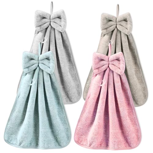 4 Stück Bowknot Hanging Hand Dry Handtücher, Microfiber Coral Velvet Handtücher mit Hanging Loop, saugfähige weiche niedliche Handtüchers, Hand Dry Handtüchers für Küche Bad Kinder Erwachsene von HAOTIAN-X