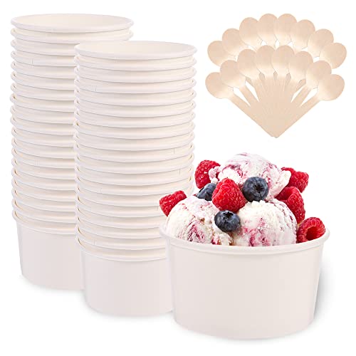 50 Stück weiße Eisbecher aus Papier, biologisch abbaubare runde Suppenbehälter aus Papier mit 50 Holzlöffeln, Dessertschale aus Pappe zum Mitnehmen für Eiscremesuppe Deli Frozen Yogurt Cake von HAOTIAN-X