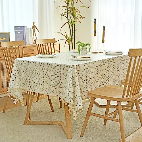 Geblümt Tischtuch, Polyester Abwischbare weiße gedruckte Tischdecke, Quasten staubdicht Wasser Fleck resistent Tischdecke für Hochzeit Party Küche Essen Tischplatte Buffet Dekoration (140 x 200cm) von HAOTIAN-X