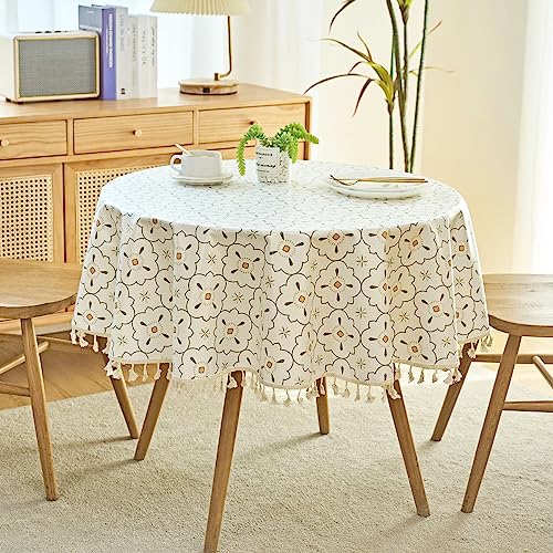 Geblümt Tischtuch, Polyester Abwischbare weiße gedruckte Tischdecke, Quasten staubdicht Wasser Fleck resistent Tischdecke für Hochzeit Party Küche Essen Tischplatte Buffet Dekoration (140cm Rund) von HAOTIAN-X