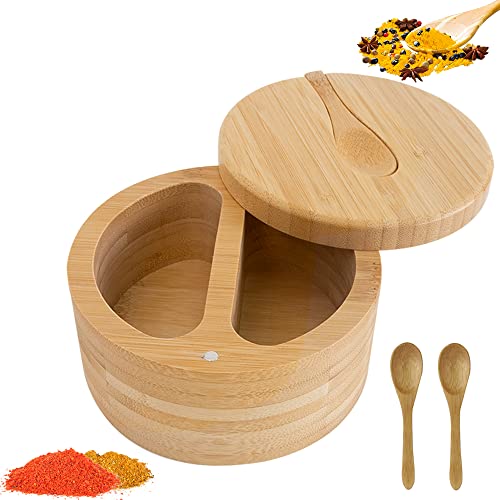 HAOTIAN-X Salzdose, 2-Fach-Schwenkdeckelbehälter mit Magnet-Schwenkdeckel und 3 kleinen Holzlöffeln, Salzgewürz-Aufbewahrungsbox für Küchengewürze, Gewürze, Kräuter, Pfeffer oder Kleinigkeiten von HAOTIAN-X
