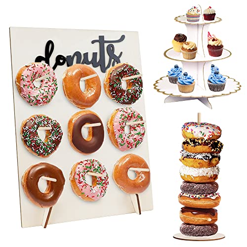 Wiederverwendbarer Bagel-Donut-Ständer aus Holz, Donut-Wandständer aus Holz und 3-stöckiger Cupcake-Ständer aus Pappe in Weißgold für Hochzeit, Geburtstage, Partydekoration von HAOTIAN-X