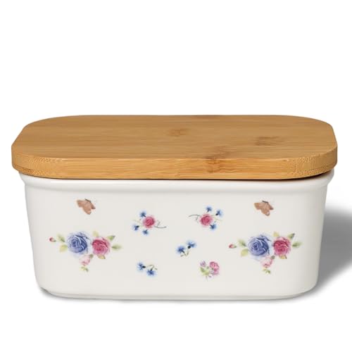 HAOTOP Butterdose mit Deckel, Keramik-Butterbehälter mit Deckel und Silikondichtung, Blumenmuster, perfekt für Arbeitsplatte, 15,7 cm, Weiß von HAOTOP