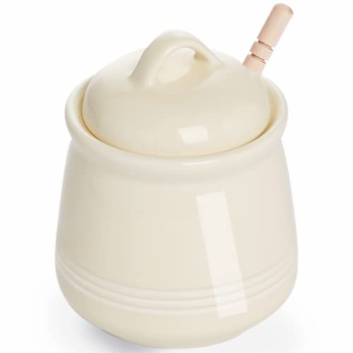 HAOTOP Honigtopf aus Keramik mit Deckel und Honigstäbchen, Honigglas aus Porzellan, leicht zu reinigen und spülmaschinenfest, 340 ml (Beige) von HAOTOP