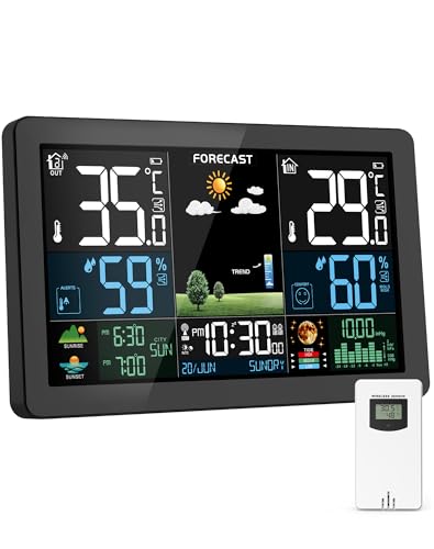 Wetterstation Funk mit Außensensor, Farbdisplay, Wettervorhersage, Temperatur, Luftfeuchtigkeit, Wecker mit Schlummerfunktion, Luftdruck,60m Übertragungsentfernung, für Innen und Außen, Schwarz von HAOYAO