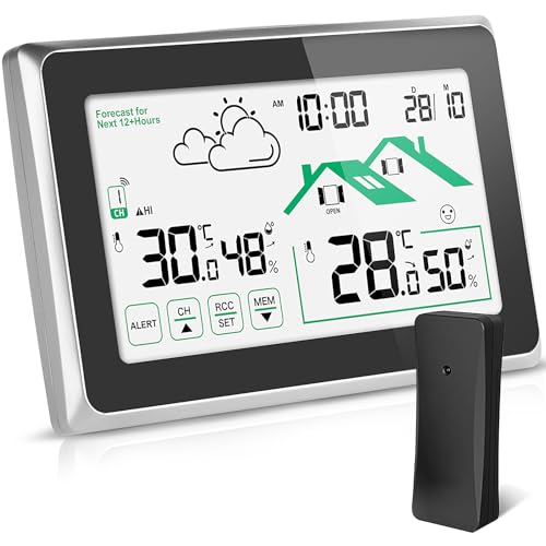 Wetterstation Funk mit Außensensor, Wettervorhersage/Thermometer/Funkwetterstation/Digitaluhr/LCD Touchscreen/DCF Funkuhr für Temperatur und Feuchtigkeitsüberwachung Innen/Außen von HAOYAO