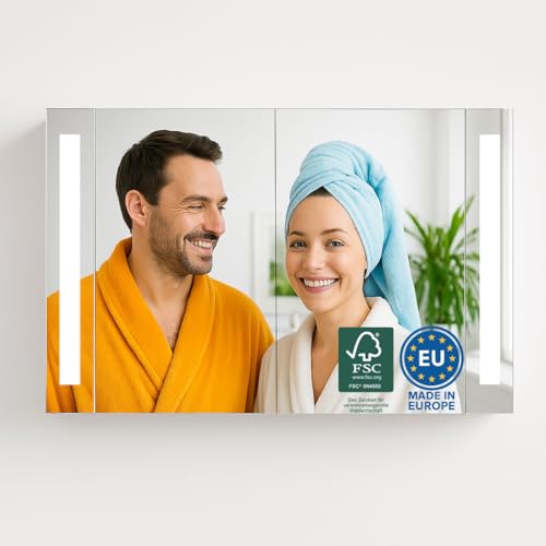 HAPA Design Spiegelschrank 100cm - Einfache Montage, in der EU produziertes Qualitätsprodukt, seitlich integriertes LED Licht, Steckdose und Schalter, weiß von HAPA Design