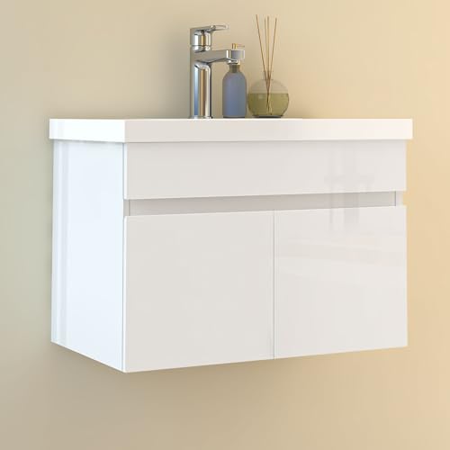 HAPAOSO 60 cm Waschtisch mit Unterschrank Badmöbel Set mit Waschbecken Keramik dick Gäste WC Hochglänzend Weiß von HAPAOSO