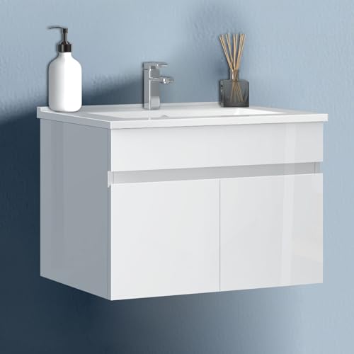 HAPAOSO 60 cm Waschtisch mit Unterschrank Badmöbel Set mit Waschbecken Keramik dünn Gäste WC Hochglänzend Weiß von HAPAOSO