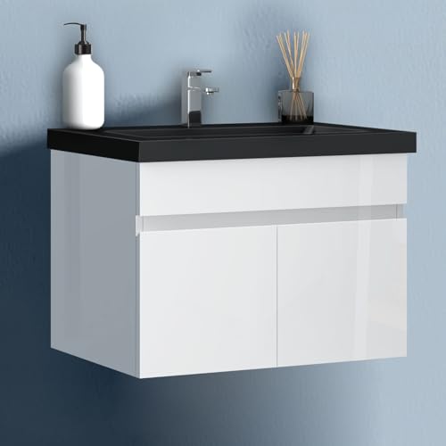 HAPAOSO 60 cm Waschtisch mit Unterschrank Badmöbel Set mit Waschbecken Schwarz Gäste WC Hochglänzend Weiß von HAPAOSO