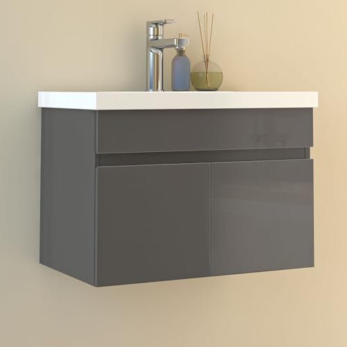 HAPAOSO 60 cm Waschtisch mit Unterschrank Soft-Close Badmöbel Set mit Waschbecken Keramik dick Gäste WC Hochglänzend Anthrazit von HAPAOSO