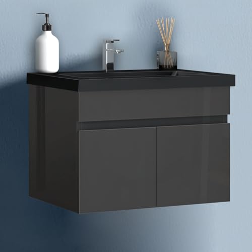 HAPAOSO 60 cm Waschtisch mit Unterschrank Soft-Close Badmöbel Set mit Waschbecken Schwarz Mineralguss Gäste WC Hochglänzend Anthrazit von HAPAOSO