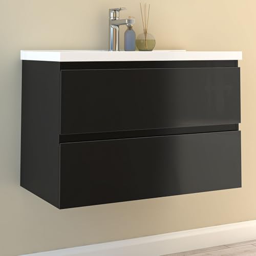 HAPAOSO 80cm Badezimmer Waschtisch mit Unterschrank Keramik-Waschbecken mit Unterschrank Schwarz Hochglanz von HAPAOSO