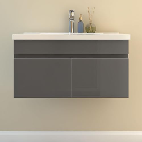 HAPAOSO 80cm Badmöbel Set Badezimmer Waschtisch mit Unterschrank Gäste WC Anthrazit Hochglanz von HAPAOSO