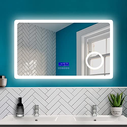 HAPAOSO Badspiegel mit Beleuchtung 100x60cm, Badezimmer LED Spiegel mit Uhr + Bluetooth + Kaltweiß und Warmweiß Beleuchtung + 3X Vergrößerung + Beschlagfrei + Wandspiegel mit Touchschalter Horizontal von HAPAOSO