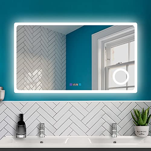 HAPAOSO Badspiegel mit Beleuchtung 140x80cm, Badezimmer LED Spiegel mit Uhr Dimmbar Kaltweiß + Neutralweiß + Warmweiß Beleuchtung + 3X Vergrößerung + Beschlagfrei + Wandspiegel mit Touchschalter von HAPAOSO