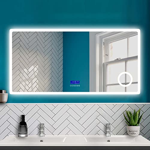 HAPAOSO Badspiegel mit Beleuchtung 160x80cm, Badezimmer LED Spiegel mit Uhr + Bluetooth + Kaltweiß und Warmweiß Beleuchtung + 3X Vergrößerung + Beschlagfrei + Wandspiegel mit Touchschalter Horizontal von HAPAOSO