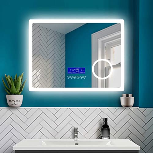 HAPAOSO Badspiegel mit Beleuchtung 80x60cm, Badezimmer LED Spiegel mit Uhr + Bluetooth + Kaltweiß und Warmweiß Beleuchtung + 3X Vergrößerung + Beschlagfrei + Wandspiegel mit Touchschalter Horizontal von HAPAOSO