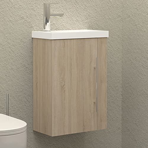 HAPAOSO Gäste WC Waschbecken mit Unterschrank 45 cm Breit 1 Soft-Close Türen Waschbeckenunterschrank Klein Eiche 2 Regale Genügend Stauraum Hängend von HAPAOSO