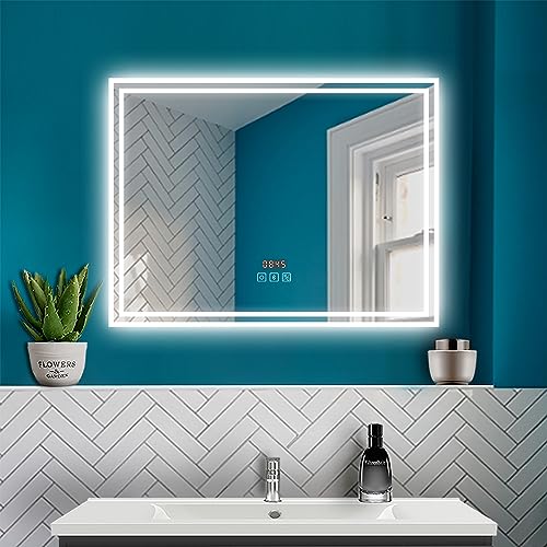 HAPAOSO LED Badspiegel mit Beleuchtung Badezimmer Spiegel mit Bluetooth + Uhr + 3 Lichtfarbe + Beschlagfrei + Wandspiegel mit Touchschalter Horizontal von HAPAOSO