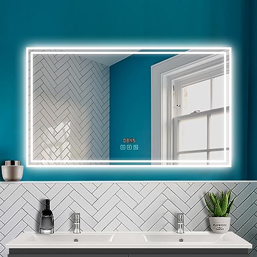 HAPAOSO LED Badspiegel mit Beleuchtung Badezimmer Spiegel mit Bluetooth + Uhr + 3 Lichtfarbe + Beschlagfrei + Wandspiegel mit Touchschalter Horizontal von HAPAOSO