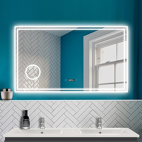 HAPAOSO LED Badspiegel mit Beleuchtung Badezimmer Spiegel mit Uhr + 3 Lichtfarbe + 3X Lupe + Beschlagfrei + Wandspiegel mit Touchschalter Horizontal von HAPAOSO