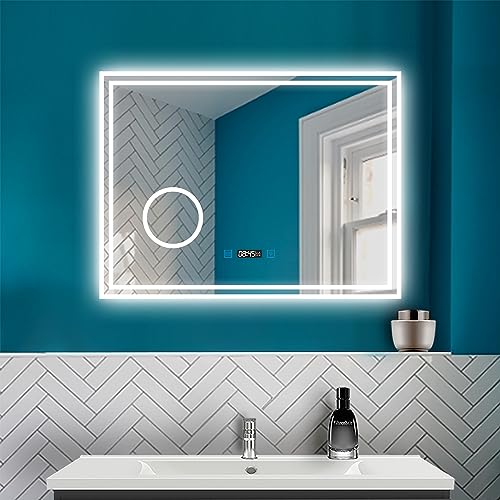 HAPAOSO LED Badspiegel mit Beleuchtung Badezimmer Spiegel mit Uhr + 3 Lichtfarbe + 3X Lupe + Beschlagfrei + Wandspiegel mit Touchschalter Horizontal von HAPAOSO