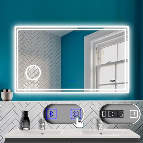 HAPAOSO LED Badspiegel mit Beschlagfrei Badzimmerspiegel mit Touchschalter LED Spiegel Wandspiegel mit Bluetooth Uhr 3X Lupe 3 Lichtfarbe Speicherfunktion CRI 90+ von HAPAOSO