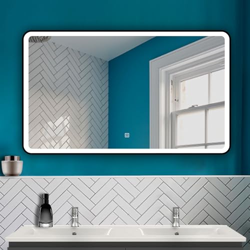 HAPAOSO LED Spiegel Schwarzer Rahmen Badspiegel 120X70cm mit Warm/Neutral/Kaltweiß Dimmbar Speicherfunktion Touch/Wandschalter Beschlagfrei Wandspiegel Design mit abgerundeten Ecken von HAPAOSO