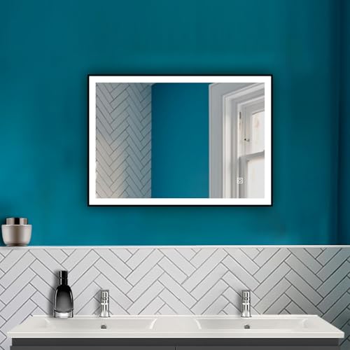 HAPAOSO LED Spiegel Schwarzer Rahmen Badspiegel 70X50cm mit Warm/Neutral/Kaltweiß Dimmbar Memory Touch/Wandschalter Beschlagfrei Wandspiegel 1 Hour automatische Abschaltung von HAPAOSO