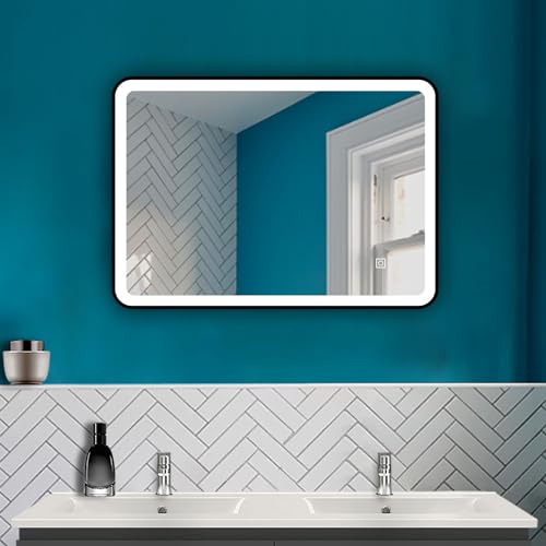 HAPAOSO LED Spiegel Schwarzer Rahmen Badspiegel 70X50cm mit Warm/Neutral/Kaltweiß Dimmbar Speicherfunktion Touch/Wandschalter Beschlagfrei Wandspiegel Design mit abgerundeten Ecken von HAPAOSO