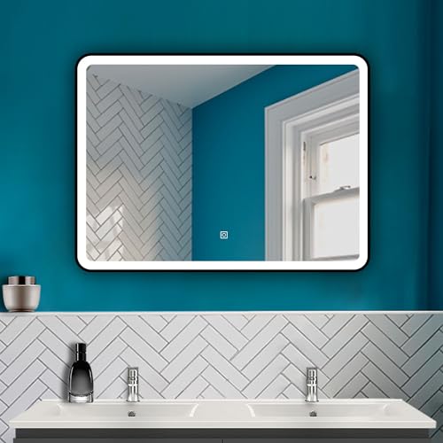 HAPAOSO LED Spiegel Schwarzer Rahmen Badspiegel 80X60cm mit Warm/Neutral/Kaltweiß Dimmbar Speicherfunktion Touch/Wandschalter Beschlagfrei Wandspiegel Design mit abgerundeten Ecken von HAPAOSO